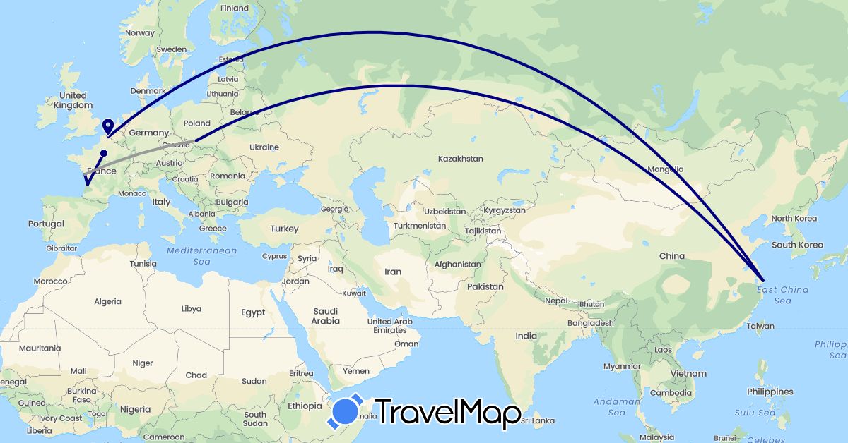 TravelMap itinerary: driving, plane in China, France, Poland (Asia, Europe)